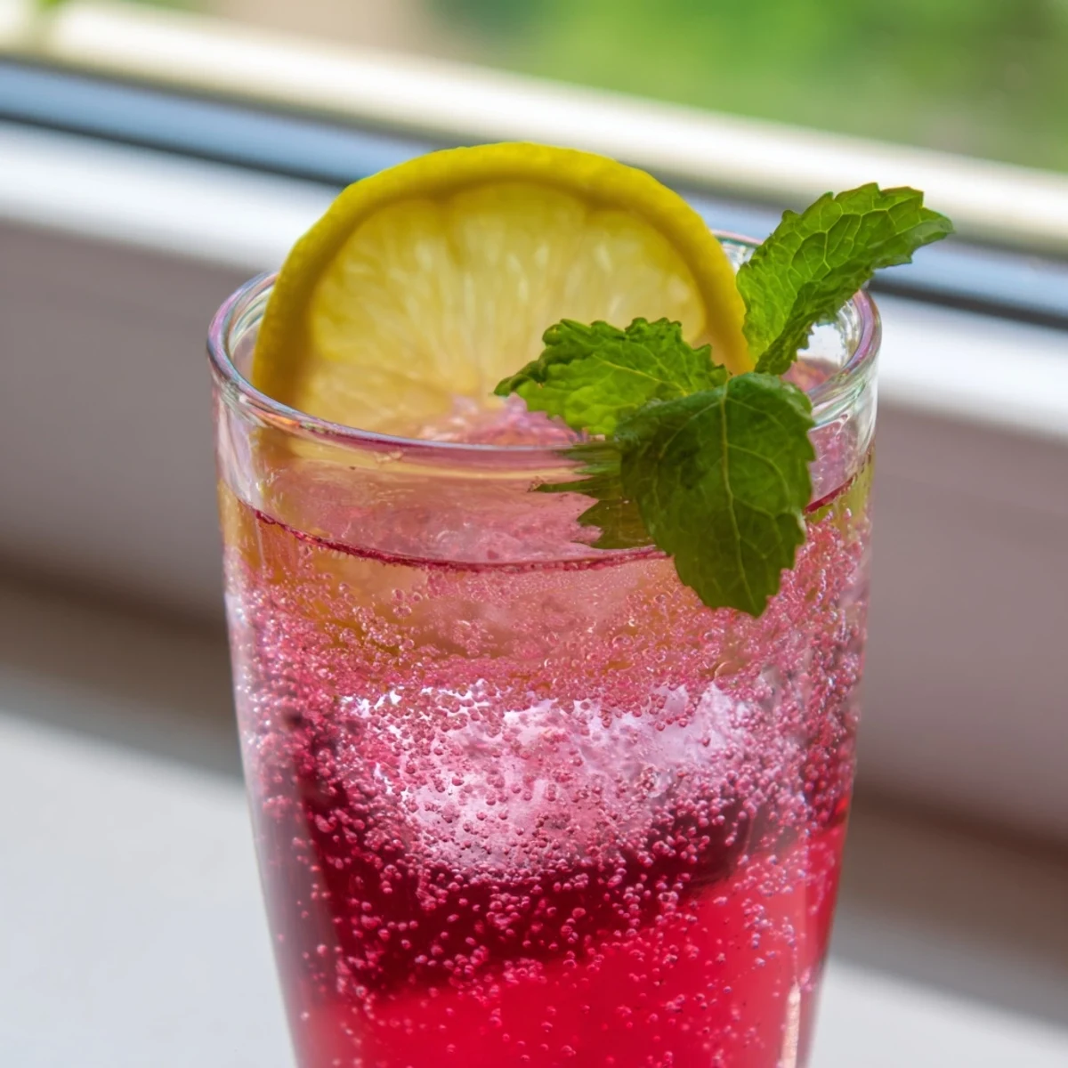 Refreshing Honey Lemon Pink Soda served in glasses with ice and fresh mint slices.  