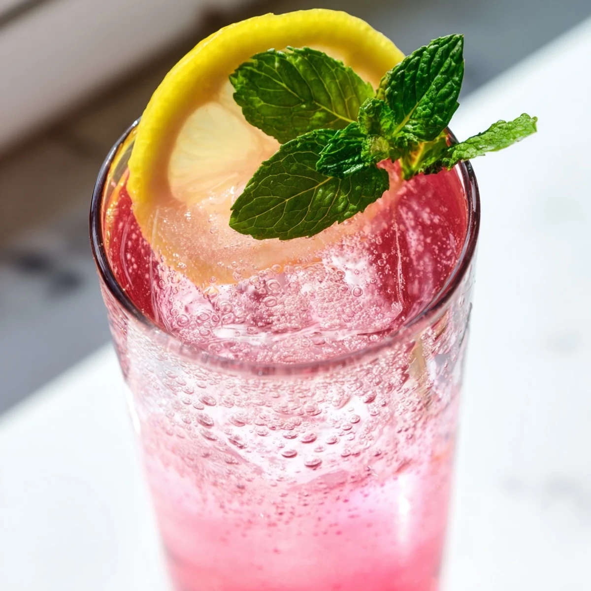 Glass of chilled Honey Lemon Pink Soda garnished with lemon slices and ice cubes.  