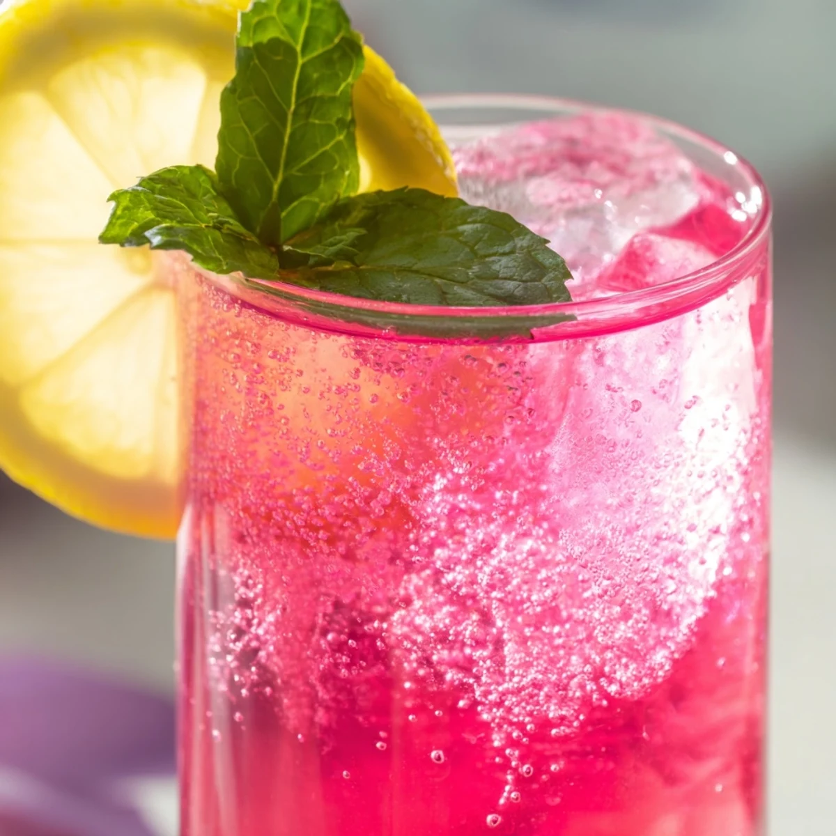 Effervescent pink soda drink with honey and lemon juice topped with fresh mint.