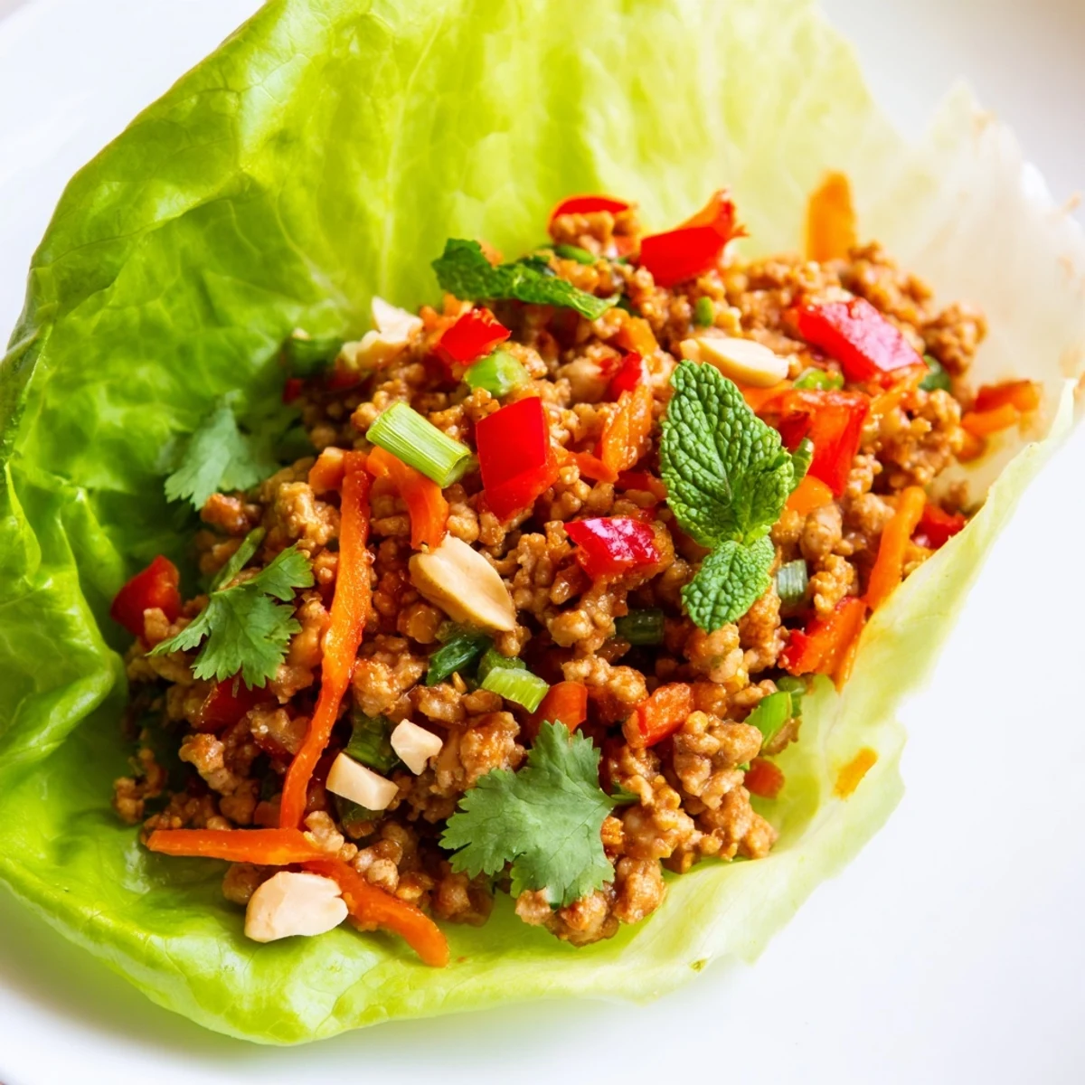 Savory Thai chicken lettuce wraps filled with crisp veggies and herbs.  