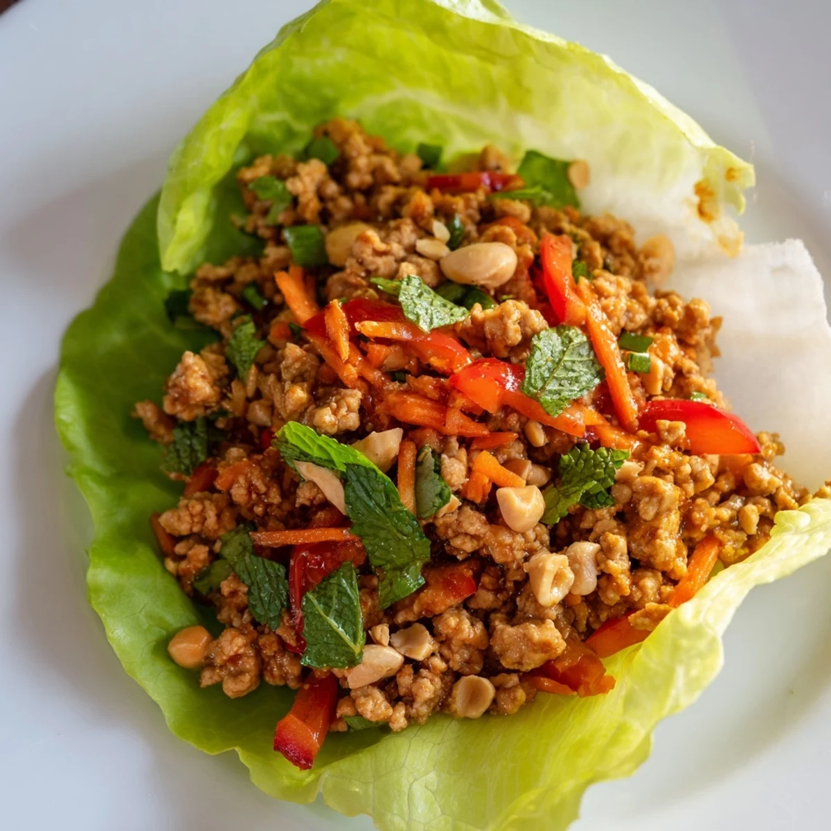 Fresh butter lettuce cups topped with spicy Thai chicken and peanuts.  