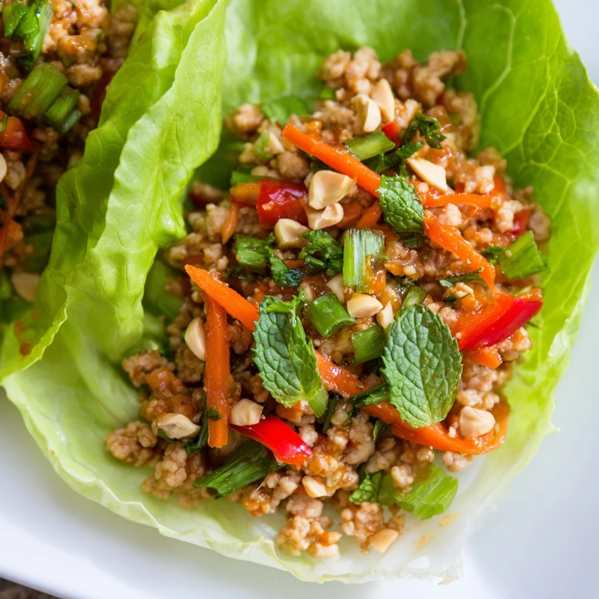 Colorful Thai chicken lettuce wraps garnished with mint, cilantro, and lime.