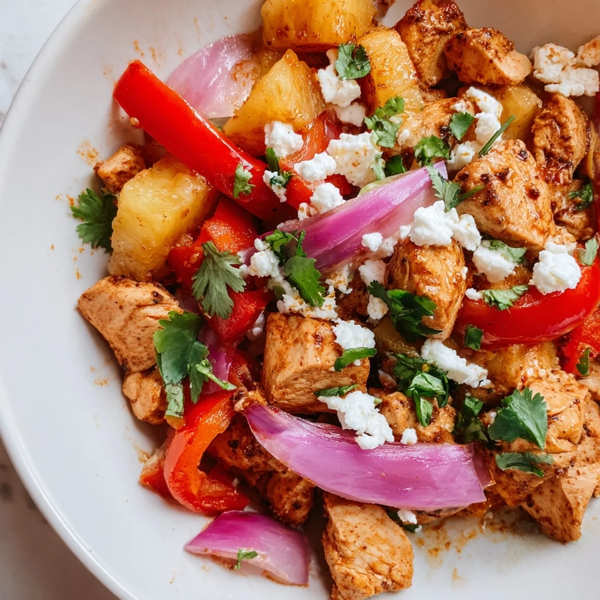 Golden chicken and caramelized pineapple filling warm tortillas for vibrant tacos.  
