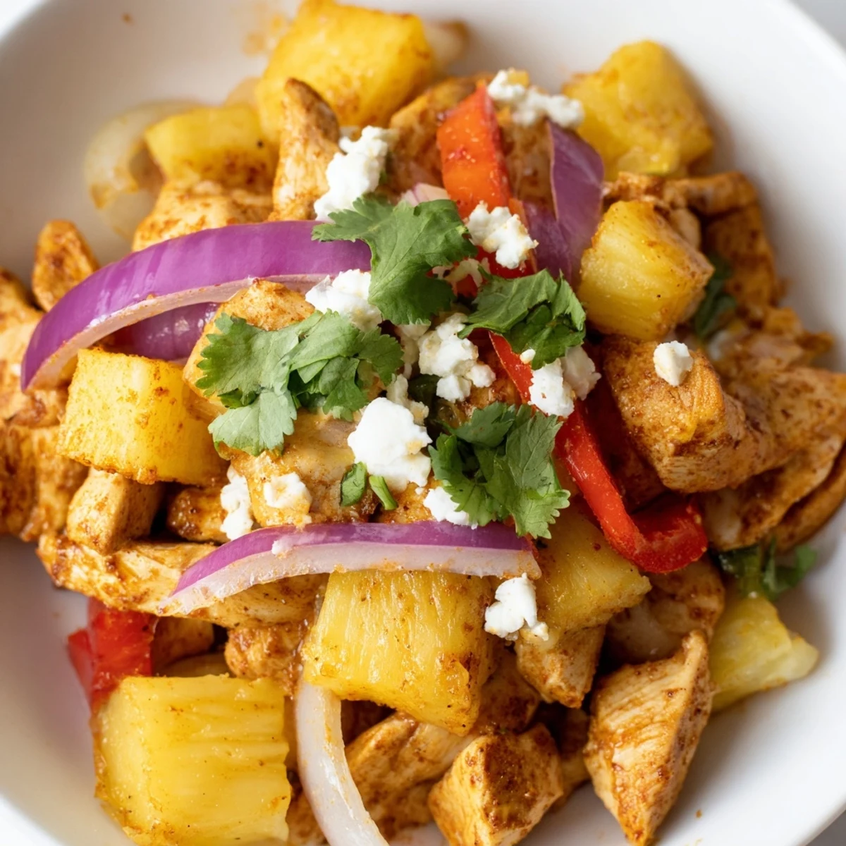 Spicy chicken and sweet pineapple mixture piled high inside soft taco shells.  