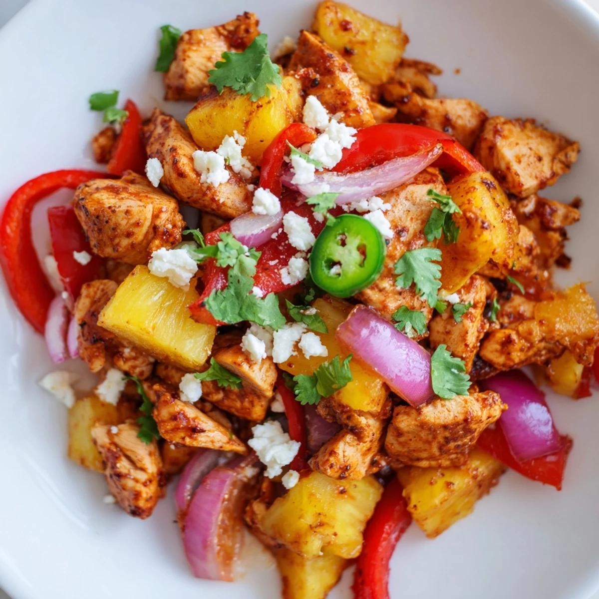 Juicy one pan chicken and pineapple tacos topped with fresh cilantro and lime.