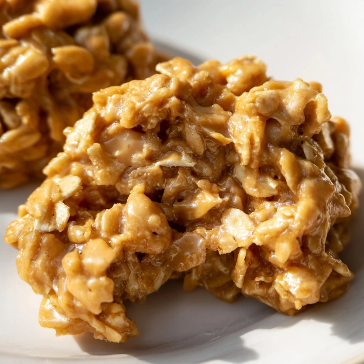 Rich, chewy Peanut Butter No Bake Cookies stacked on a wire cooling rack.