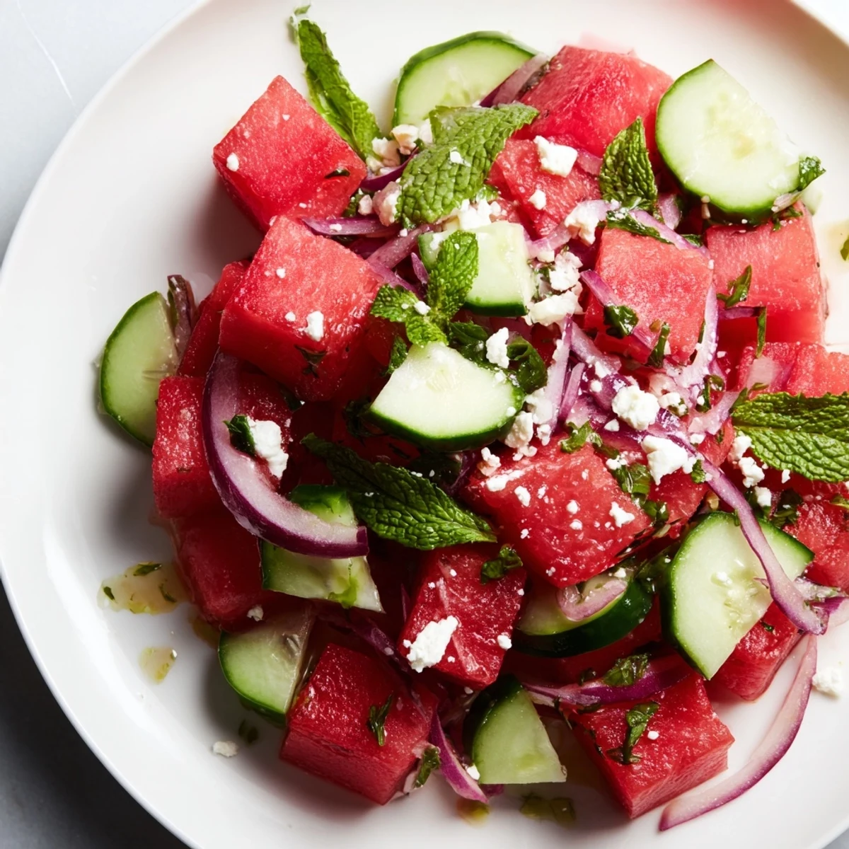 Watermelon Cucumber Salad featuring juicy red chunks, crisp cucumber slices, and fresh mint.  