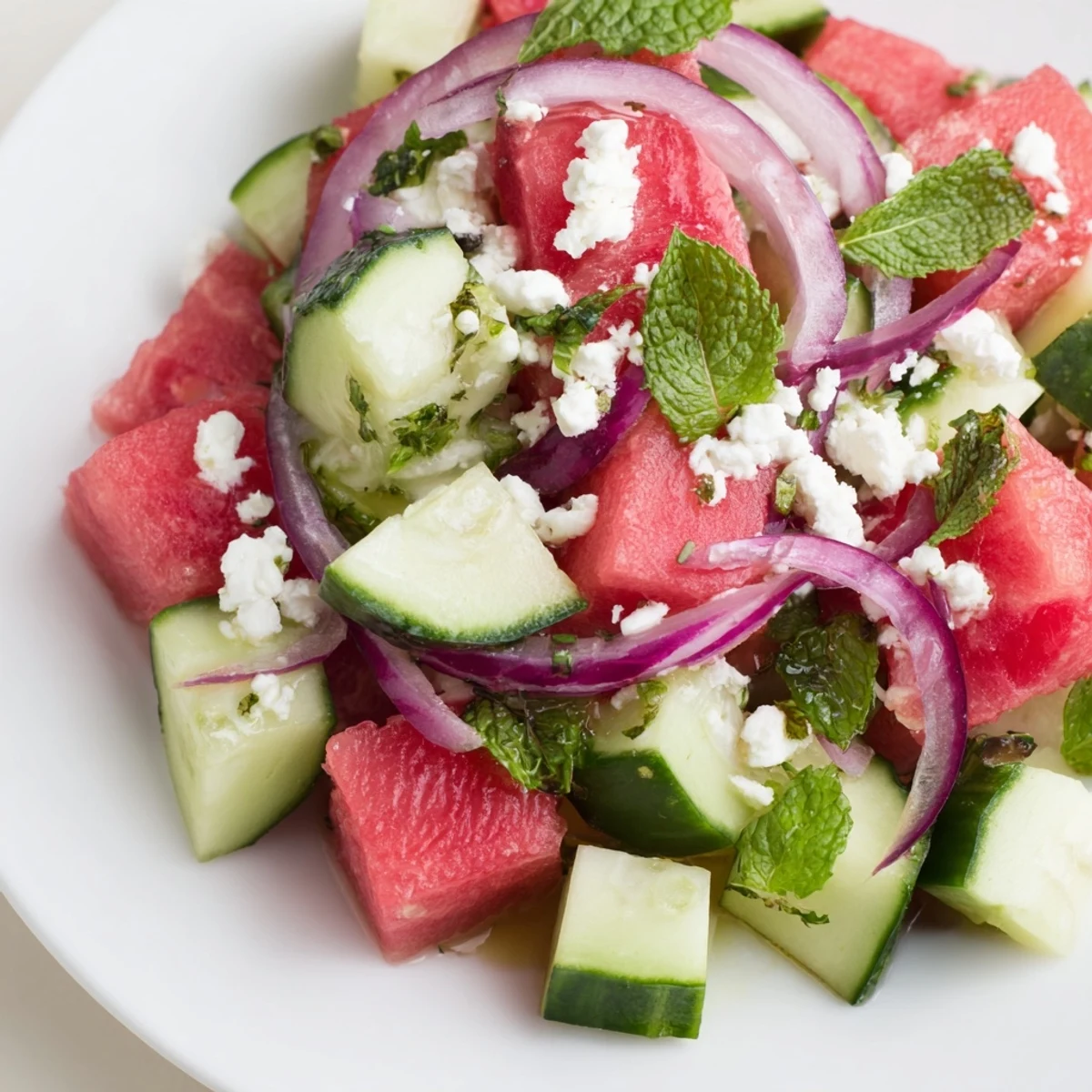 Refreshing Watermelon Cucumber Salad drizzled with tangy lime dressing and topped with crumbled feta.  