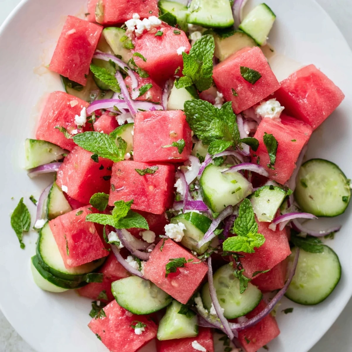 Bright summer Watermelon Cucumber Salad served in a bowl with crunchy cucumbers and red onion.