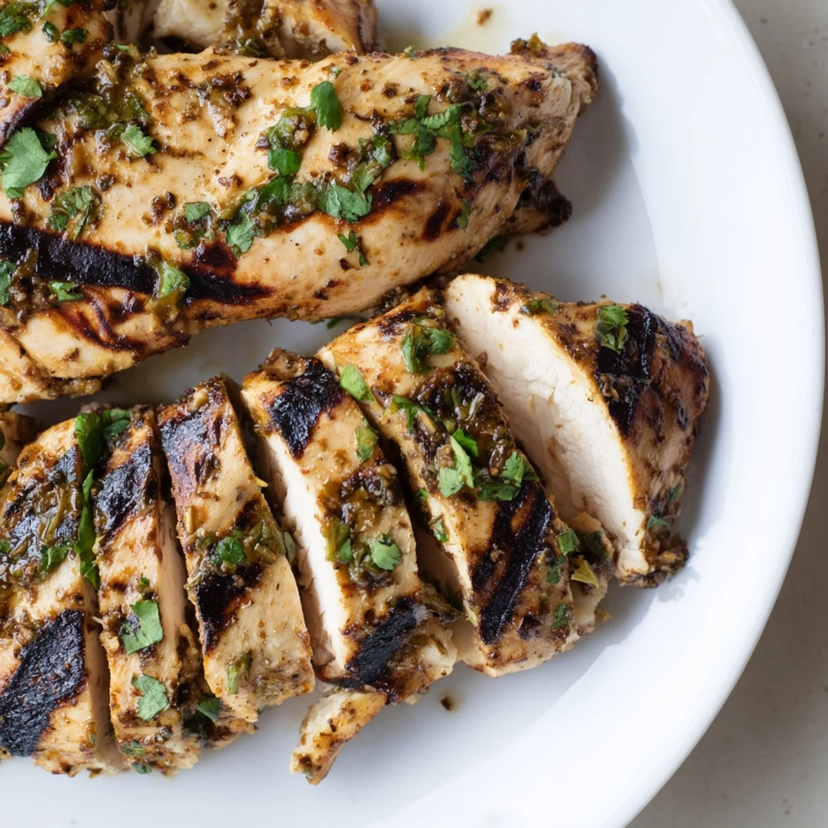 Juicy pan-seared Cilantro Lime Chicken resting on a white serving plate.