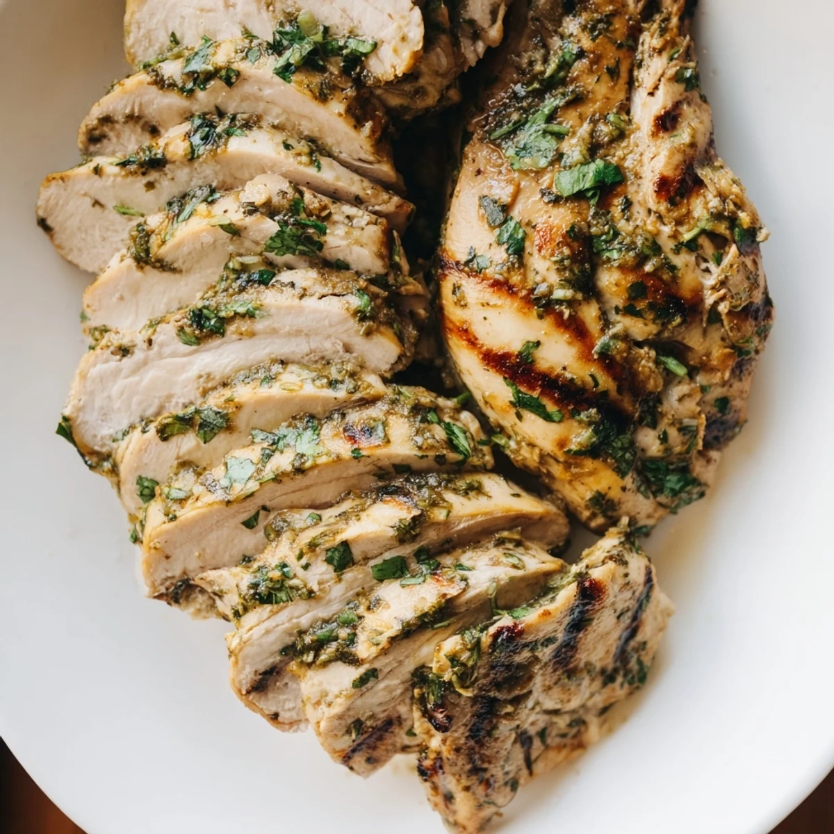Sliced Cilantro Lime Chicken over rice with vibrant green herbs.