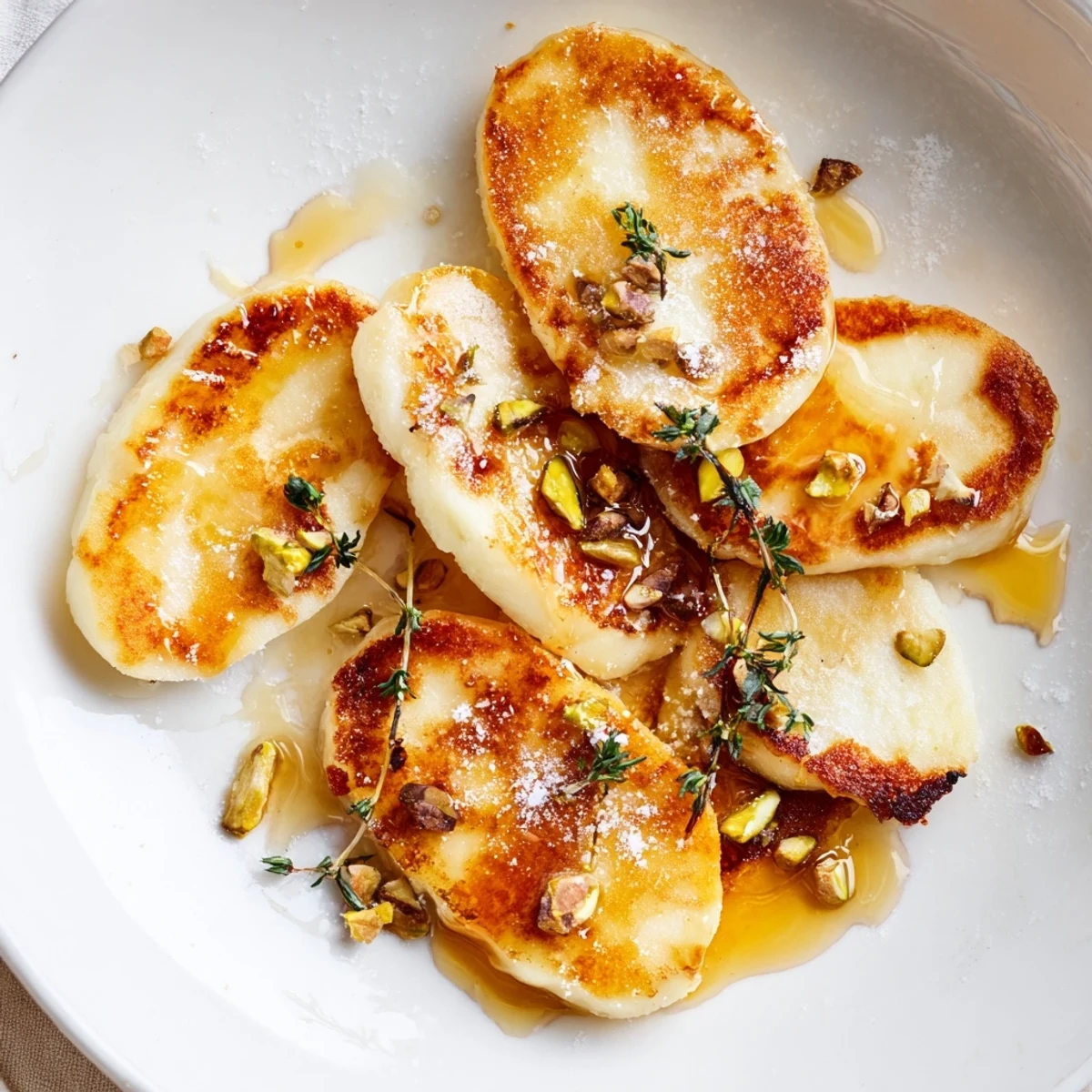 Crispy Honey Halloumi topped with fresh thyme and a sprinkle of black pepper  