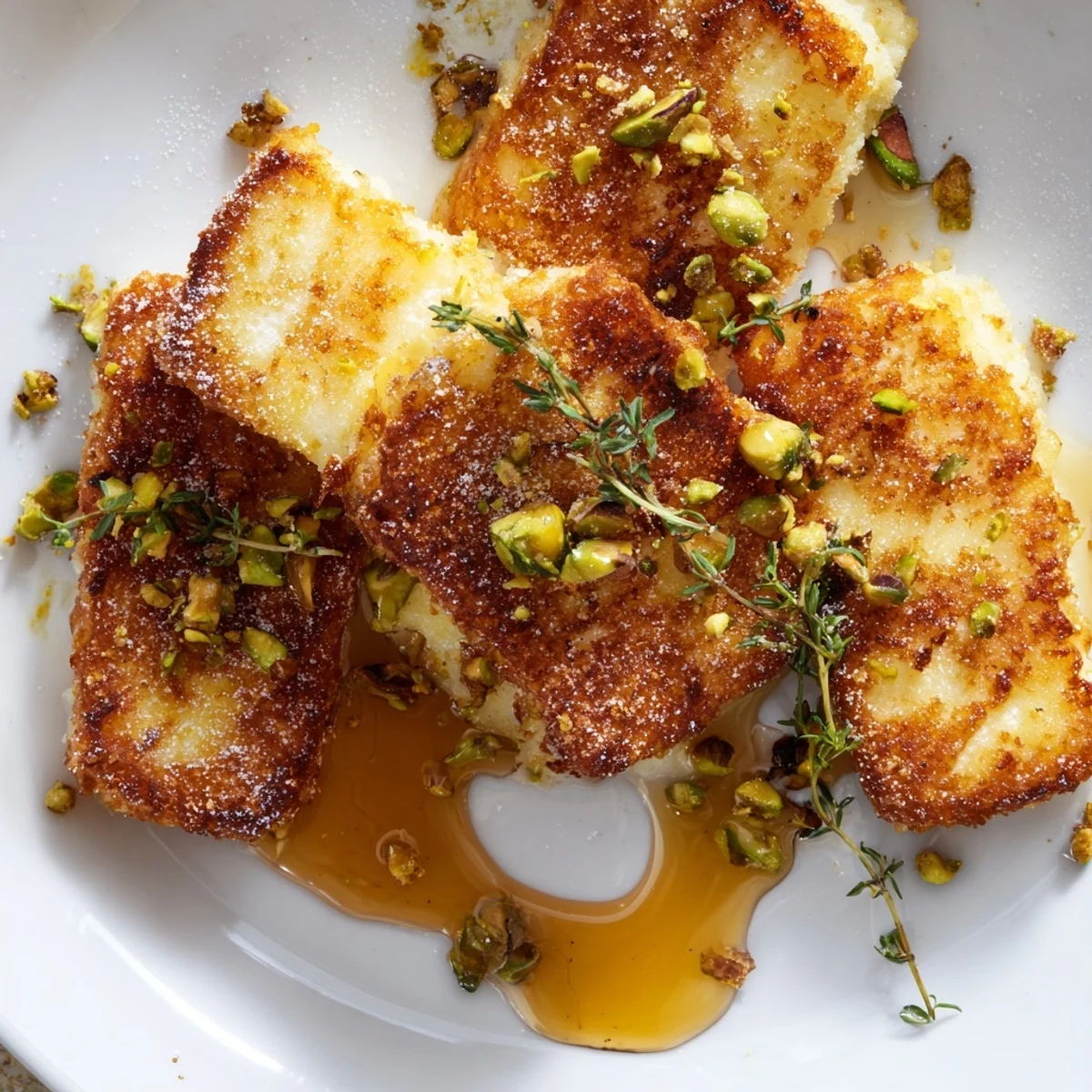 Savory Mediterranean Honey Halloumi served hot with honey and chopped walnuts