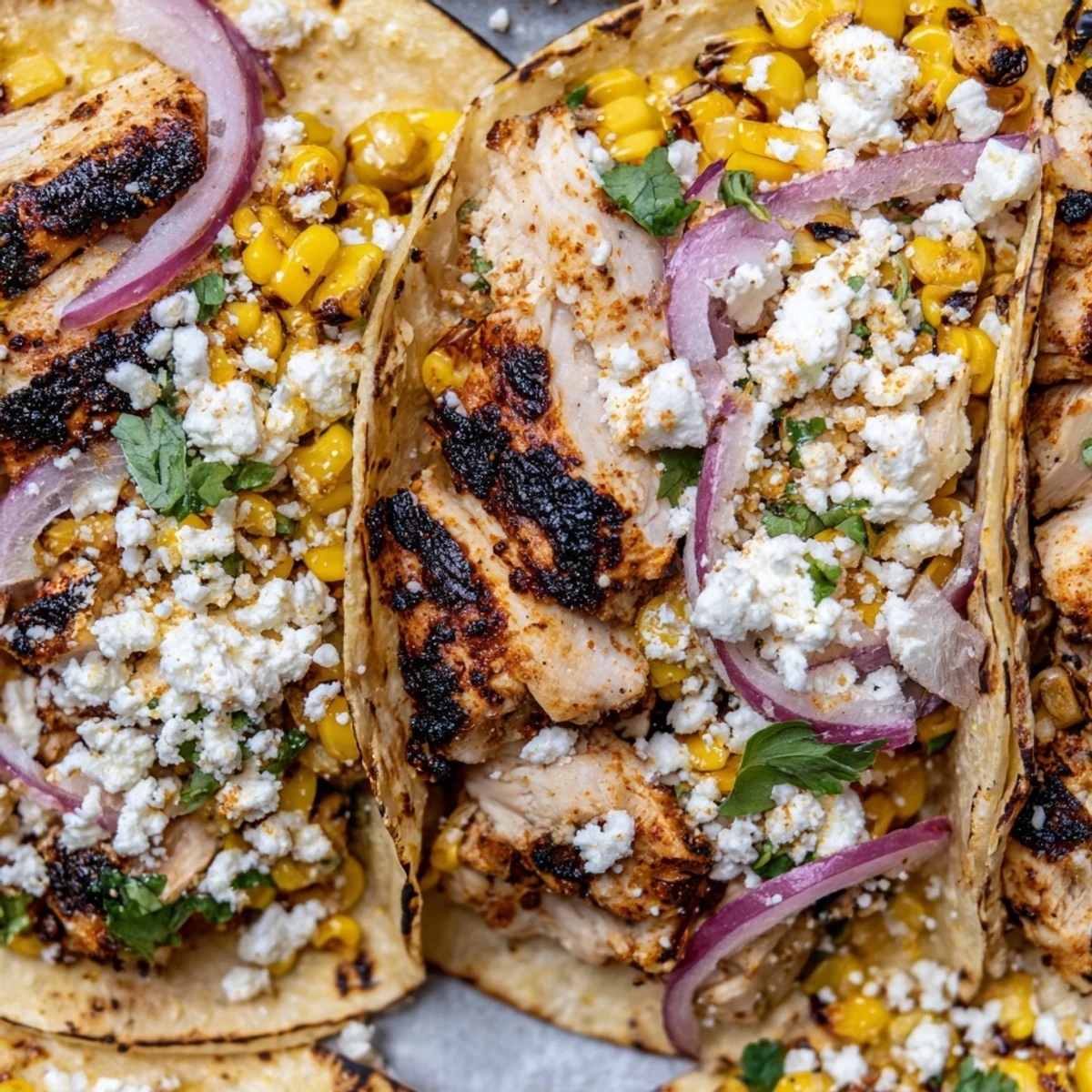 Golden Street Corn Chicken Tacos loaded with zesty corn, tender chicken, and creamy cotija cheese.