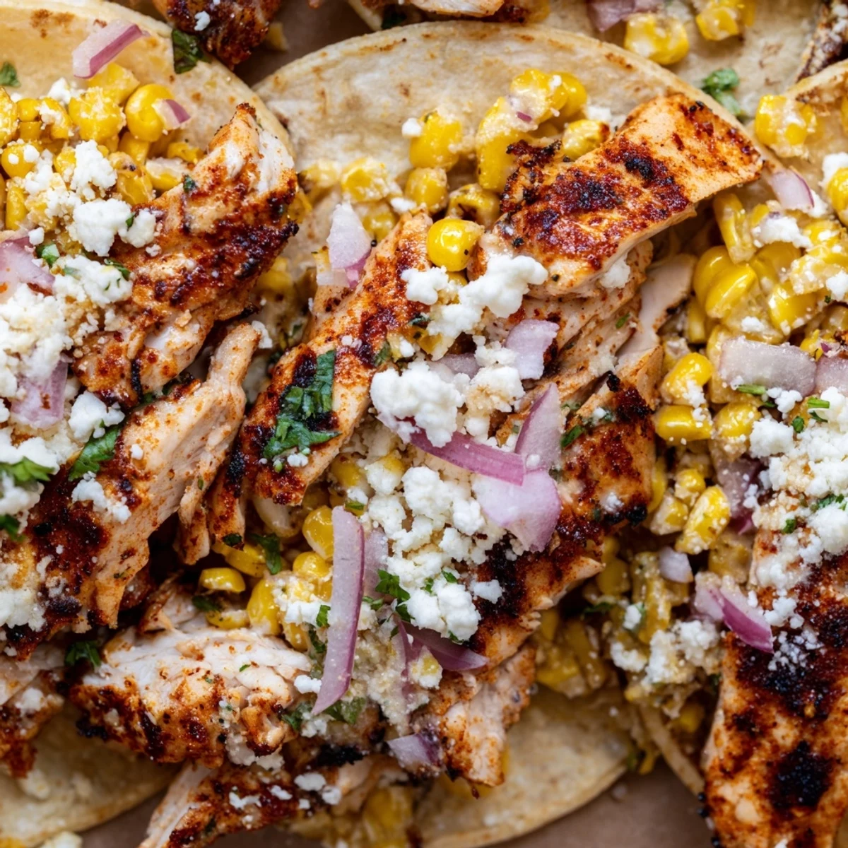 Vibrant tacos featuring grilled chicken topped with spicy street corn salad and fresh cilantro.