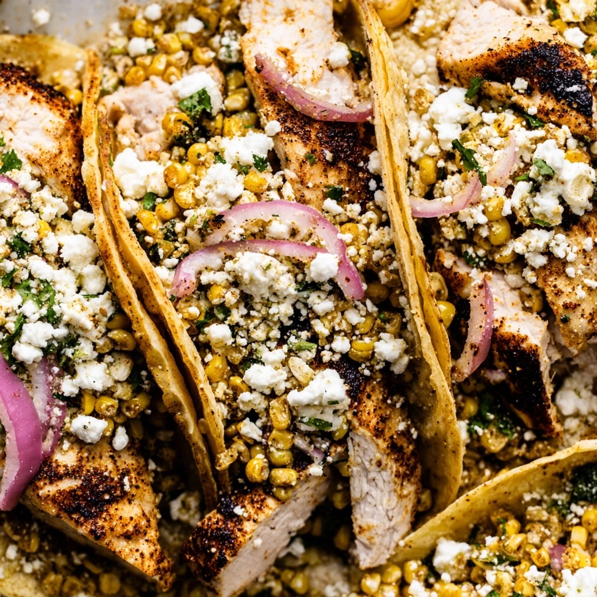 Delicious Street Corn Chicken Tacos with juicy meat, tangy lime, and crumbled feta.