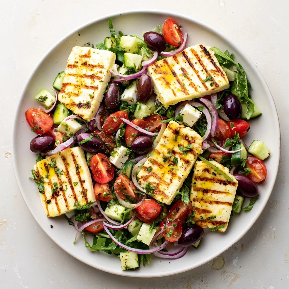 Golden grilled halloumi served atop a fresh Mediterranean salad with colorful vegetables.