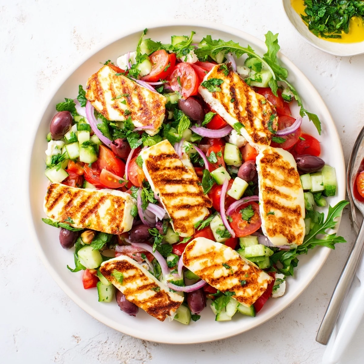 Slices of warm grilled halloumi paired with crisp Mediterranean salad and herbs.
