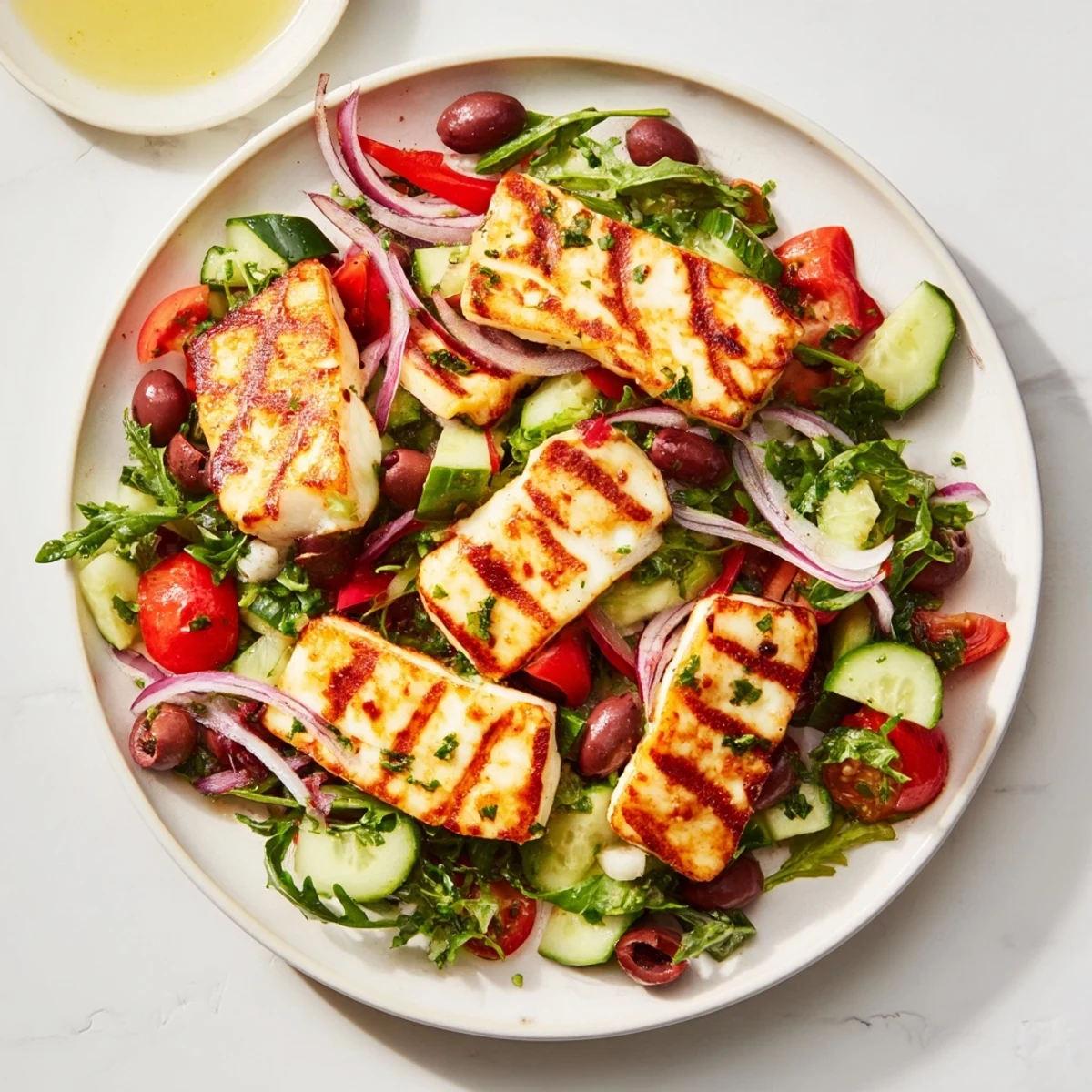 Vibrant Mediterranean salad topped with golden grilled halloumi and a tangy lemon dressing.