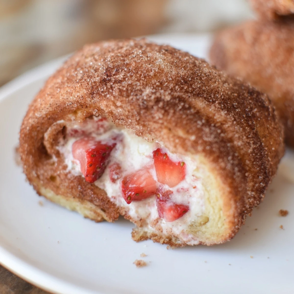 Golden brown strawberry cream cheese roll ups with cinnamon sugar coating  