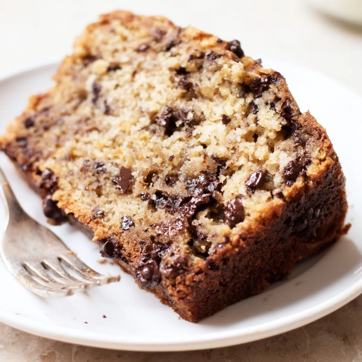 Moist One Bowl Banana Bread With Chocolate Chips sliced to reveal melty chips  