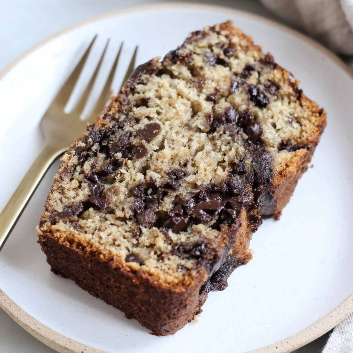 Golden loaf of One Bowl Banana Bread With Chocolate Chips on a wire rack  