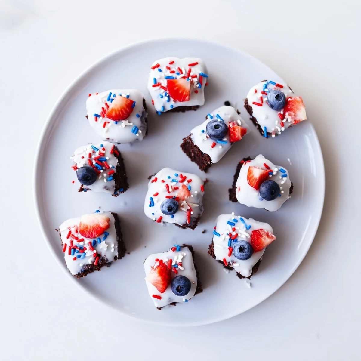 Festive Fourth of July brownie bites topped with red, white, and blue sprinkles.  