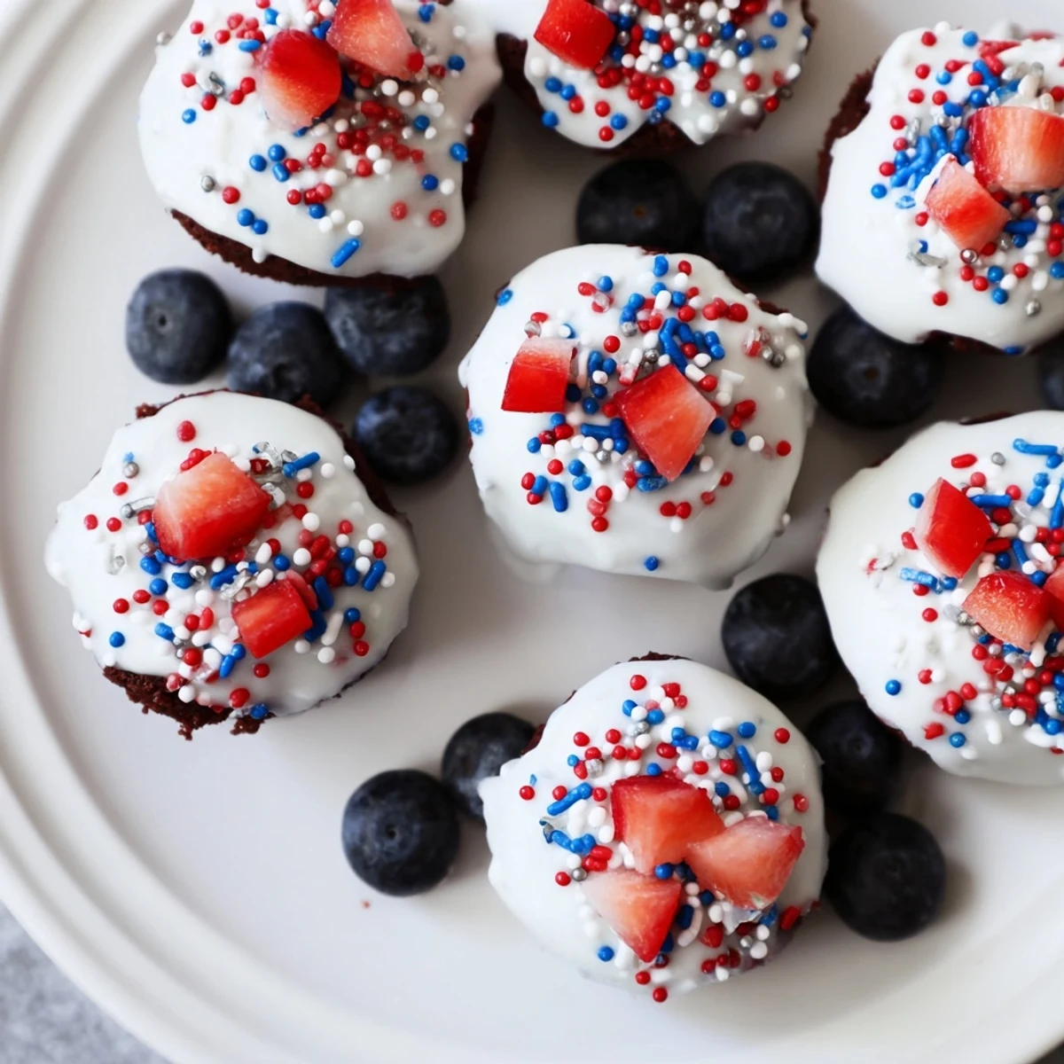 Bite-sized Fourth of July brownie bites drizzled with white glaze and patriotic decorations.  