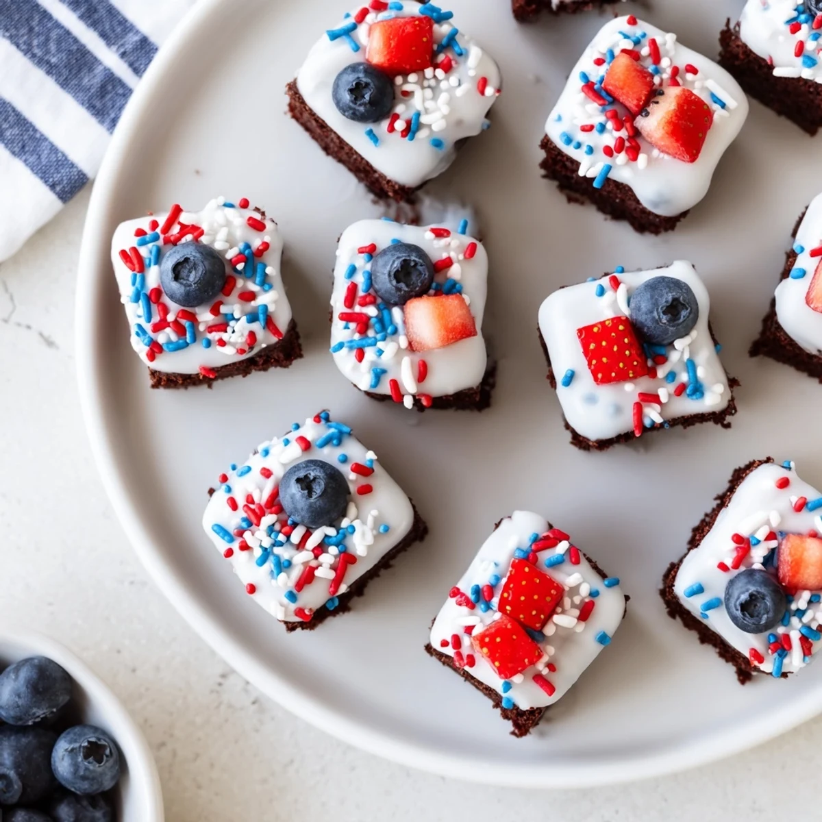 Delicious Fourth of July brownie bites garnished with fresh berries and colorful sprinkles.