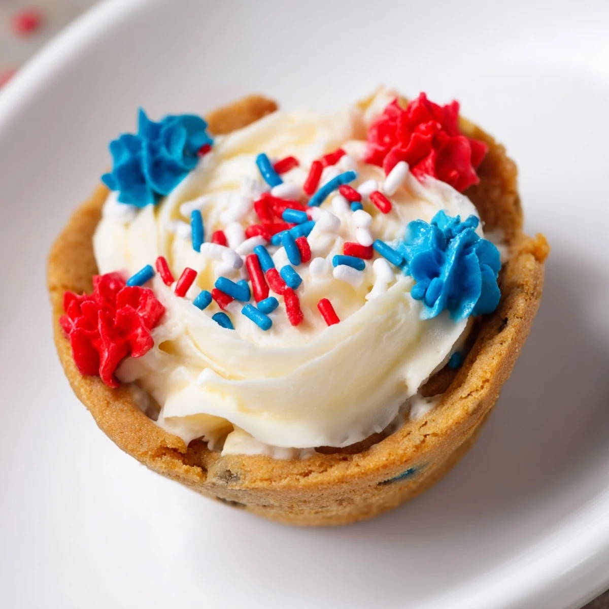 Golden Patriotic Chocolate Chip Cookie Cups topped with red, white, and blue frosting for festive celebrations.  