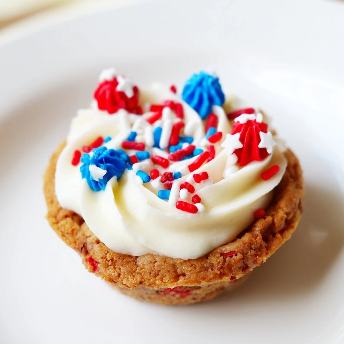 Delicious chocolate chip cookie cups decorated in patriotic colors, ideal for Fourth of July desserts.