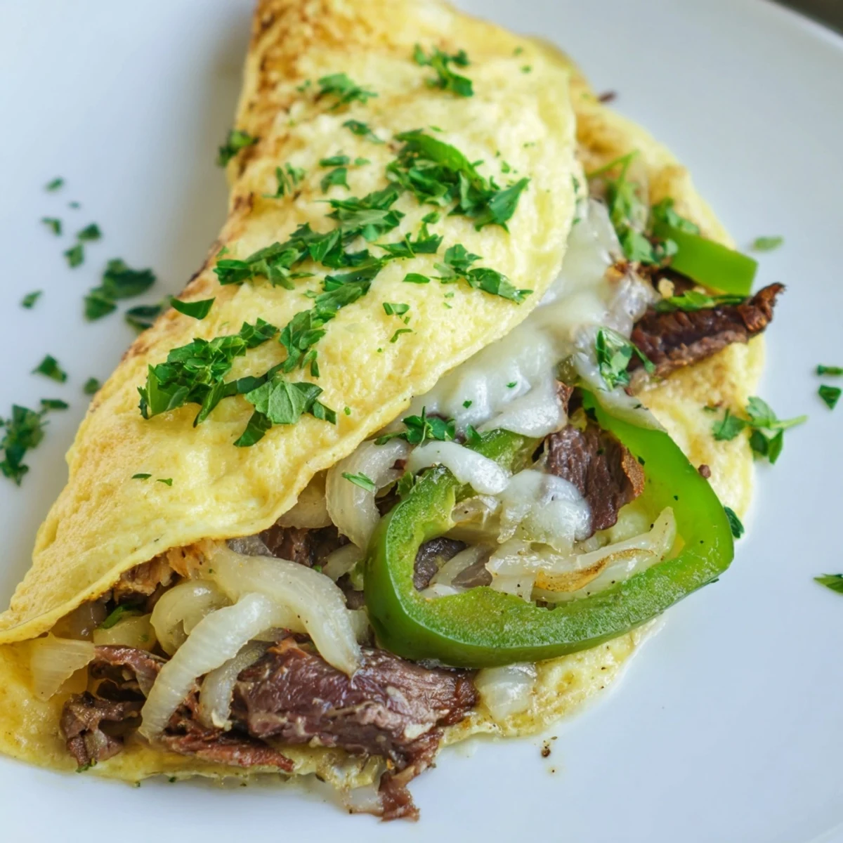 Fluffy omelette packed with sautéed onions, beef, and gooey cheese for breakfast.  