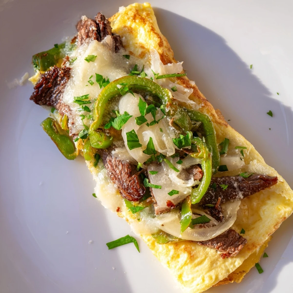 Golden Philly cheesesteak omelette filled with savory steak, peppers, and melted provolone.  