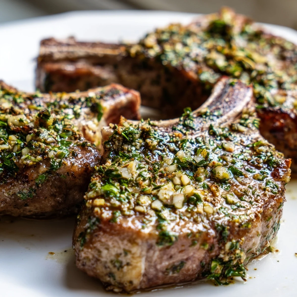 Golden herb garlic lamb chops seared to juicy perfection on a white plate.  