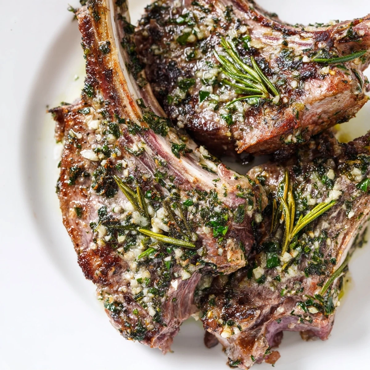 Fresh rosemary and garlic crust on tender lamb chops served with lemon wedges.  