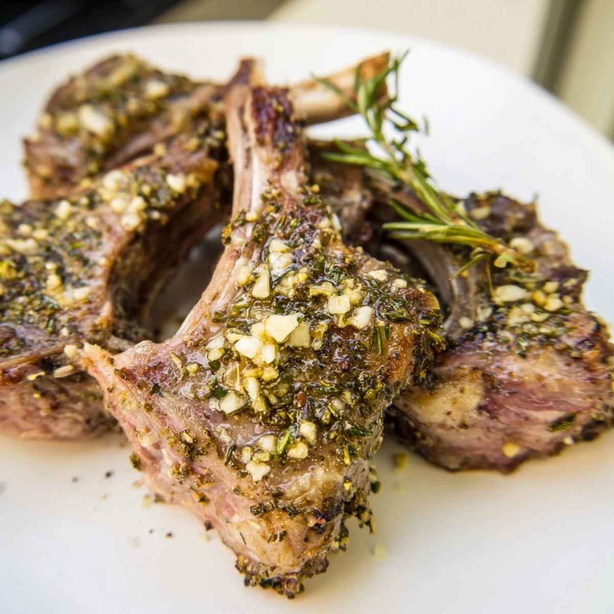 Succulent Mediterranean herb garlic lamb chops resting after pan-searing to medium-rare doneness.
