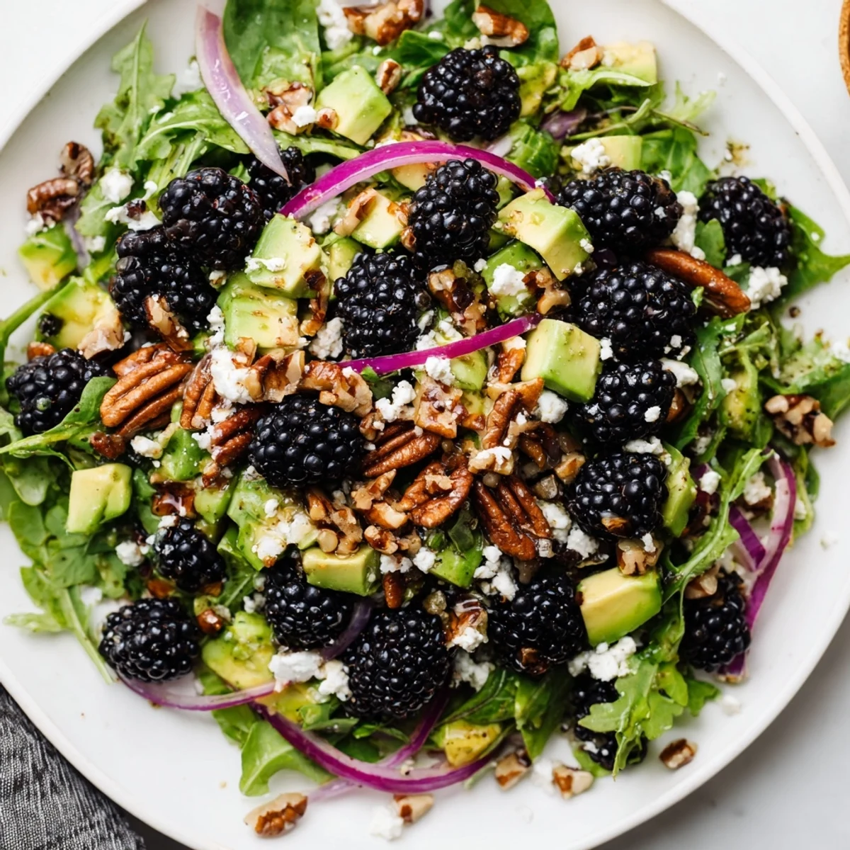 Glossy honey-lime dressing coats a vibrant blackberry avocado salad with arugula greens.