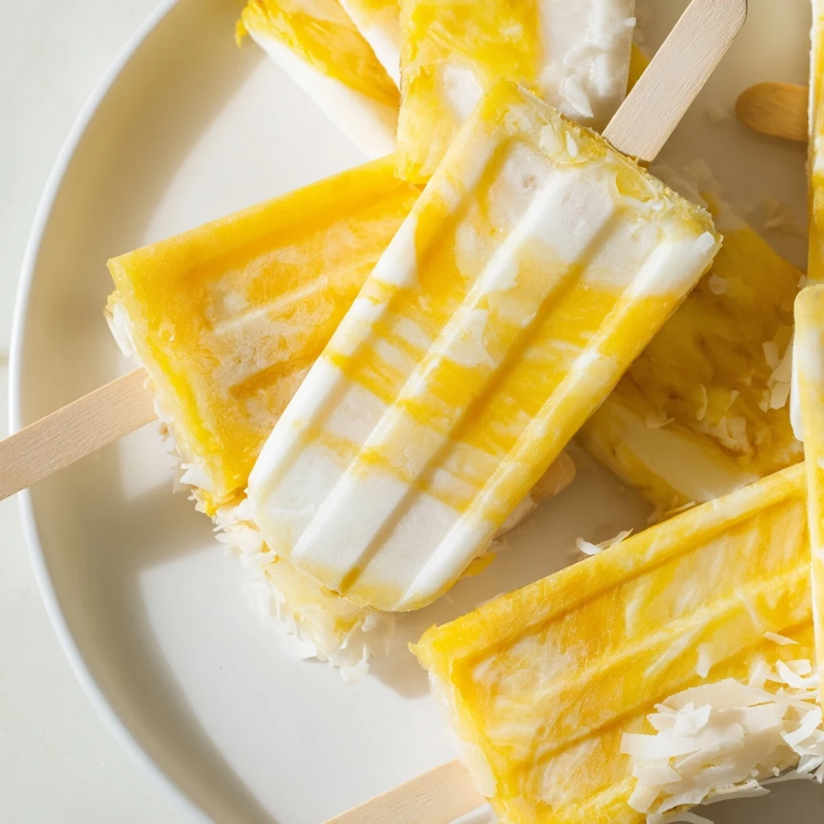 Tropical frozen treat on a stick featuring zesty lime and sweet pineapple layers