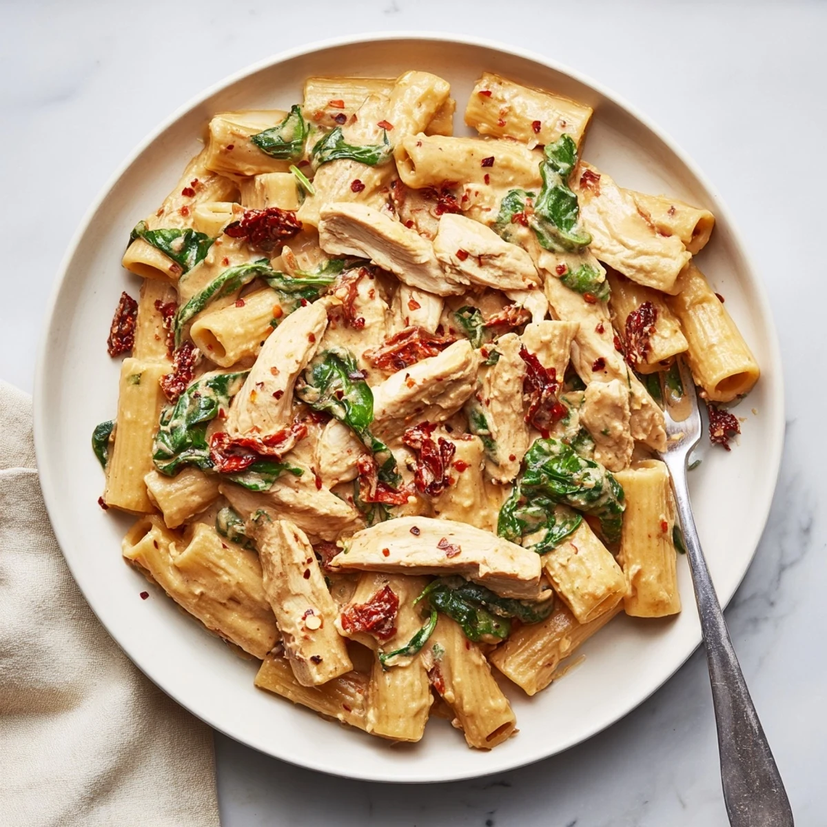 Creamy Tuscan chicken pasta recipe with sun-dried tomatoes and spinach in one pan  