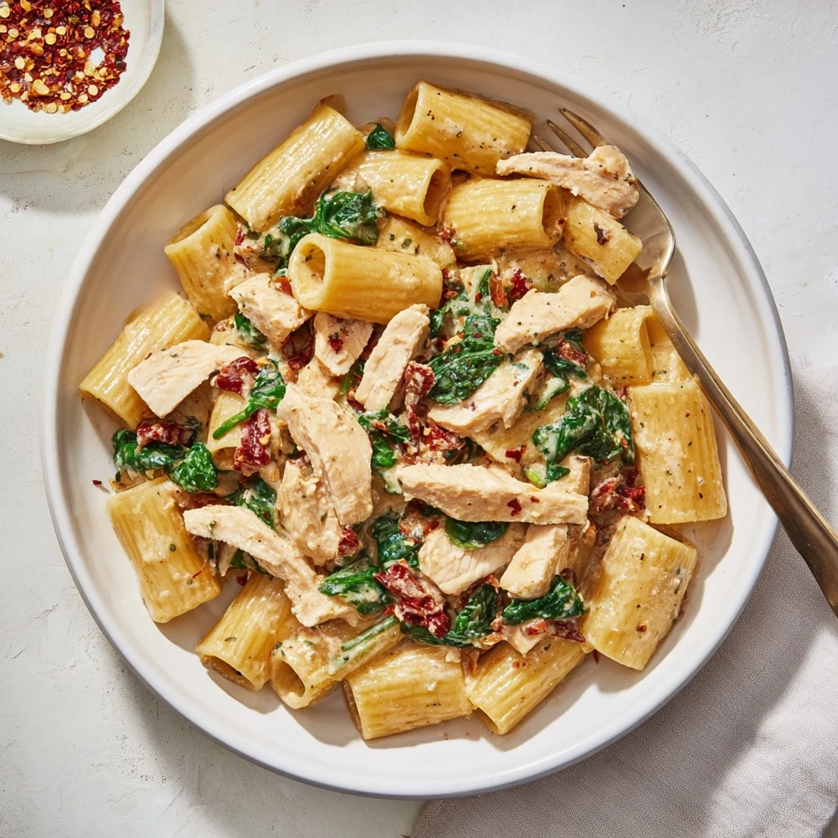 Golden chicken strips in creamy Tuscan chicken pasta recipe with wilted spinach and parmesan  
