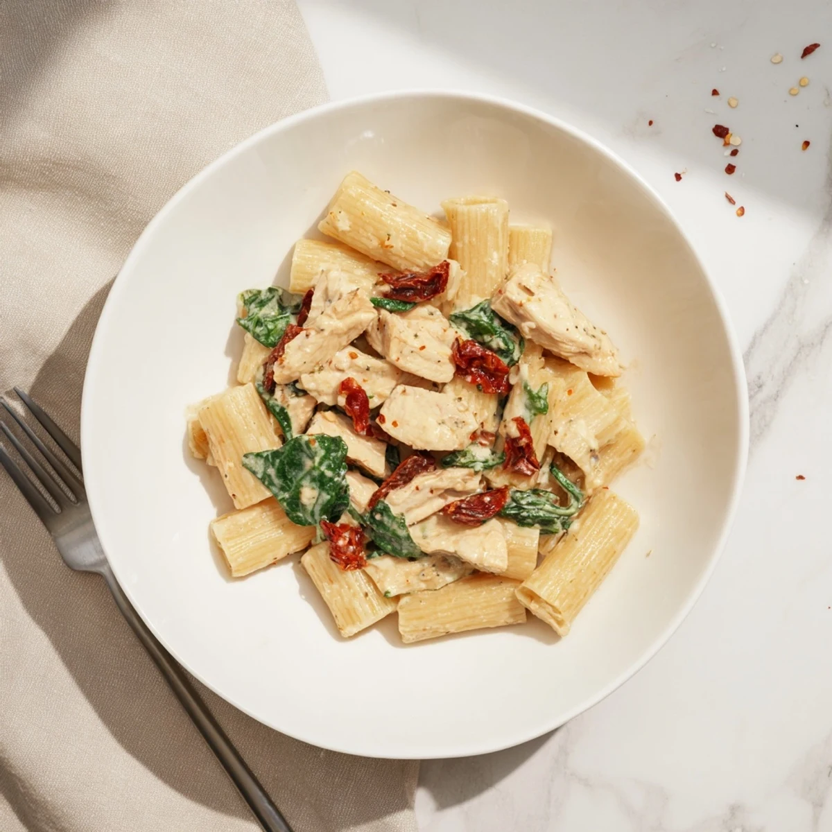 One pan Tuscan chicken pasta recipe featuring rich sauce, penne, and tender chicken
