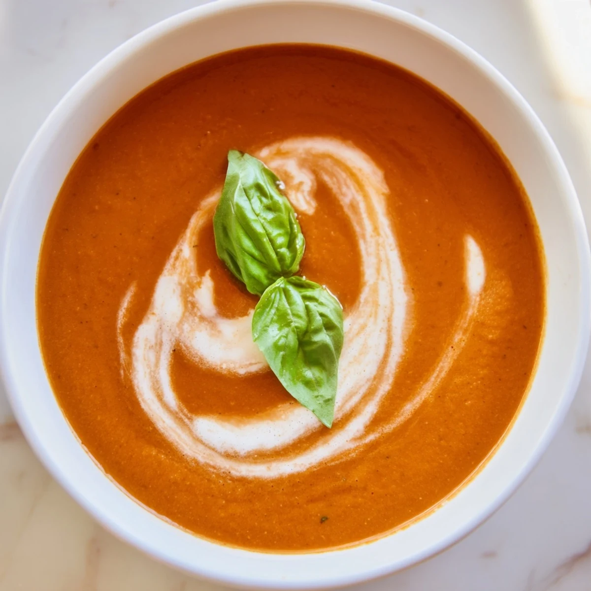 Bowl of creamy roasted tomato basil soup garnished with fresh basil leaves.  
