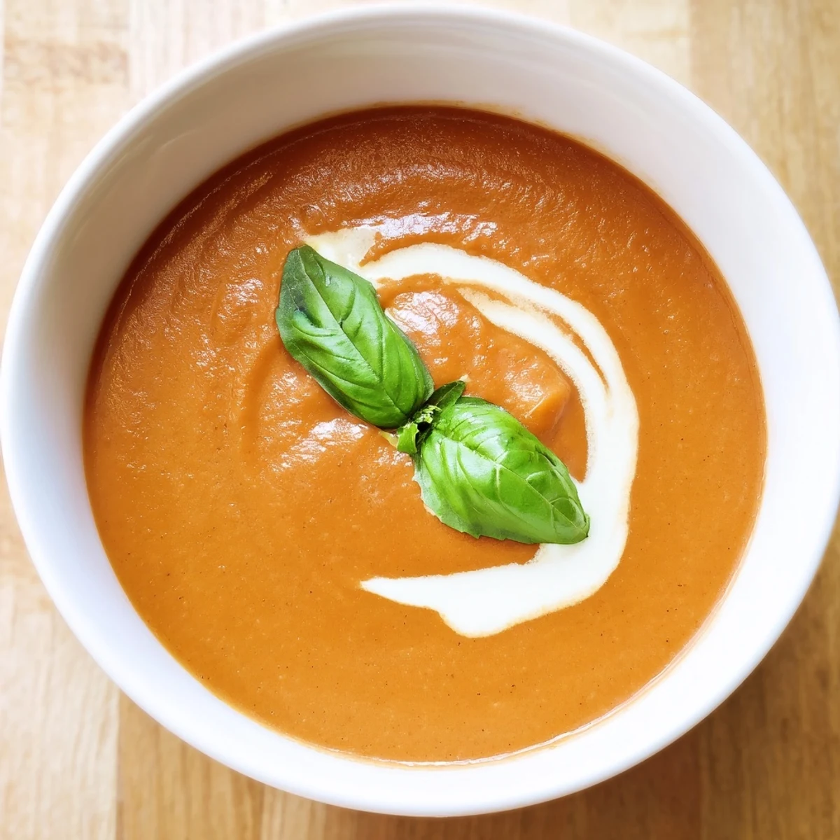Velvety homemade tomato basil soup served with crusty bread for cozy meals.  
