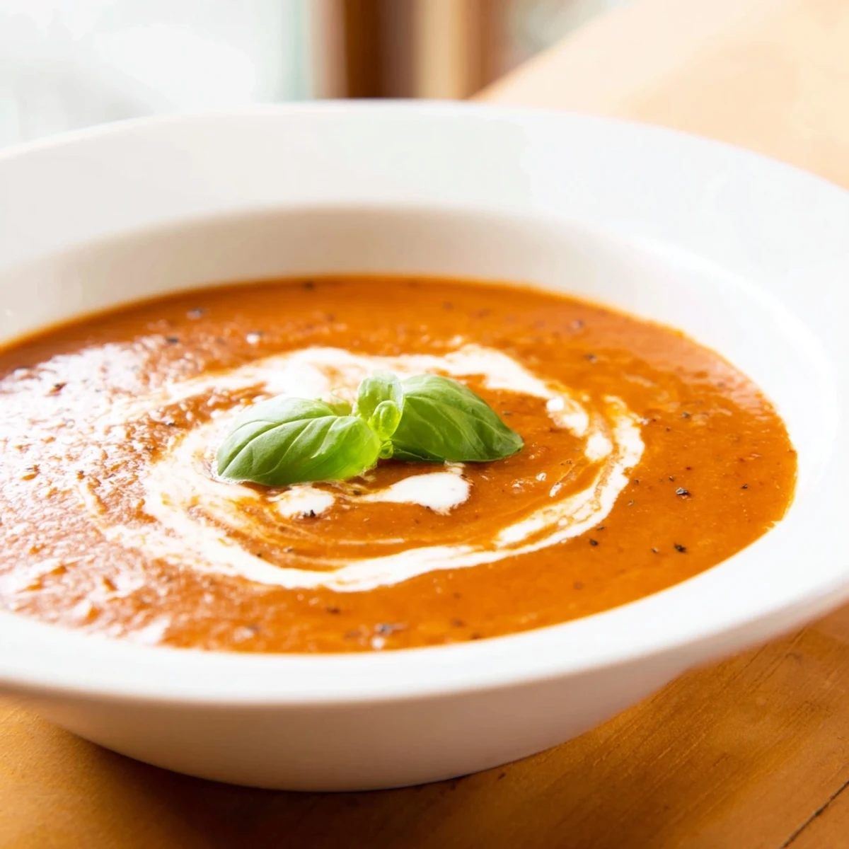 Rich roasted tomato basil soup recipe drizzled with cream in a white bowl.