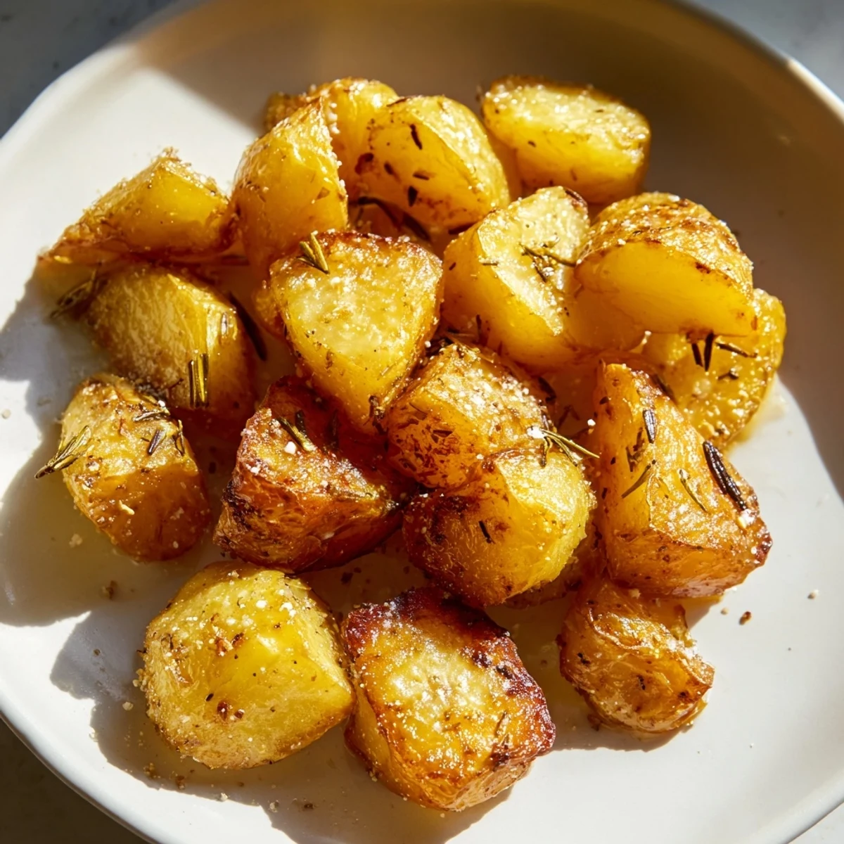 Golden crispy roasted potatoes arranged on a white plate with fresh rosemary garnish.  