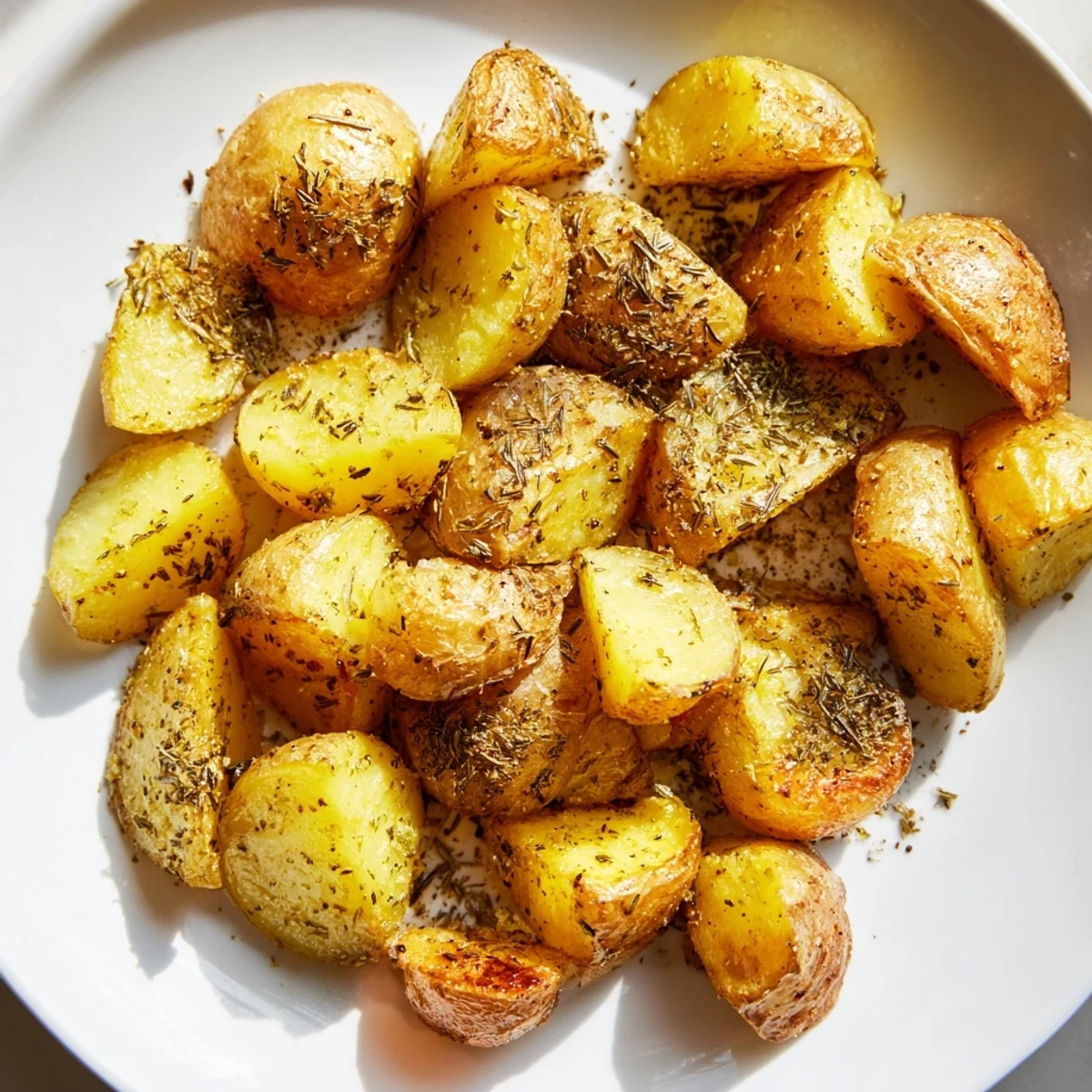 Baked roasted potatoes with fluffy interiors served alongside a savory roasted chicken dinner.  