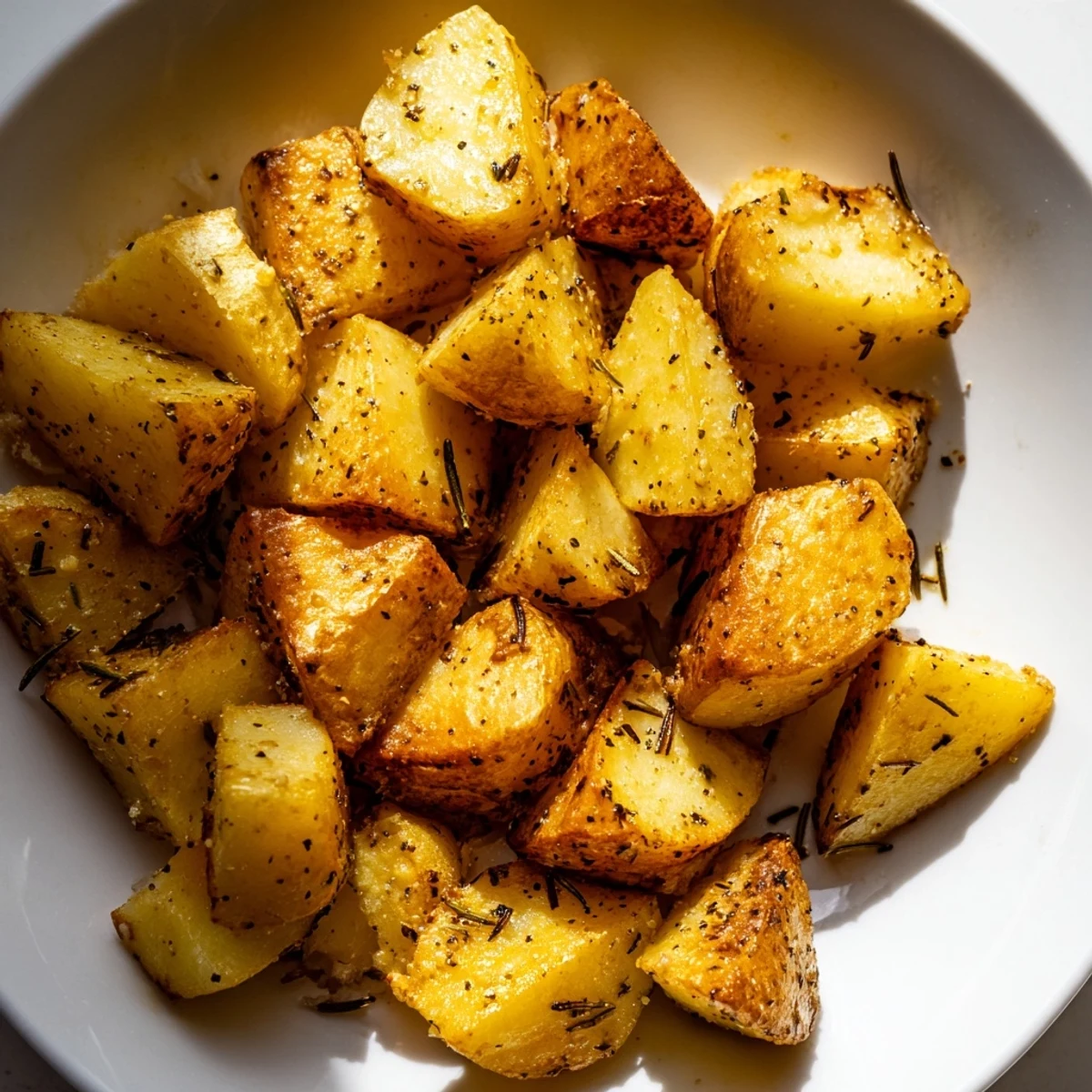Close-up of oven roasted potatoes showing a crunchy golden crust and tender inside.