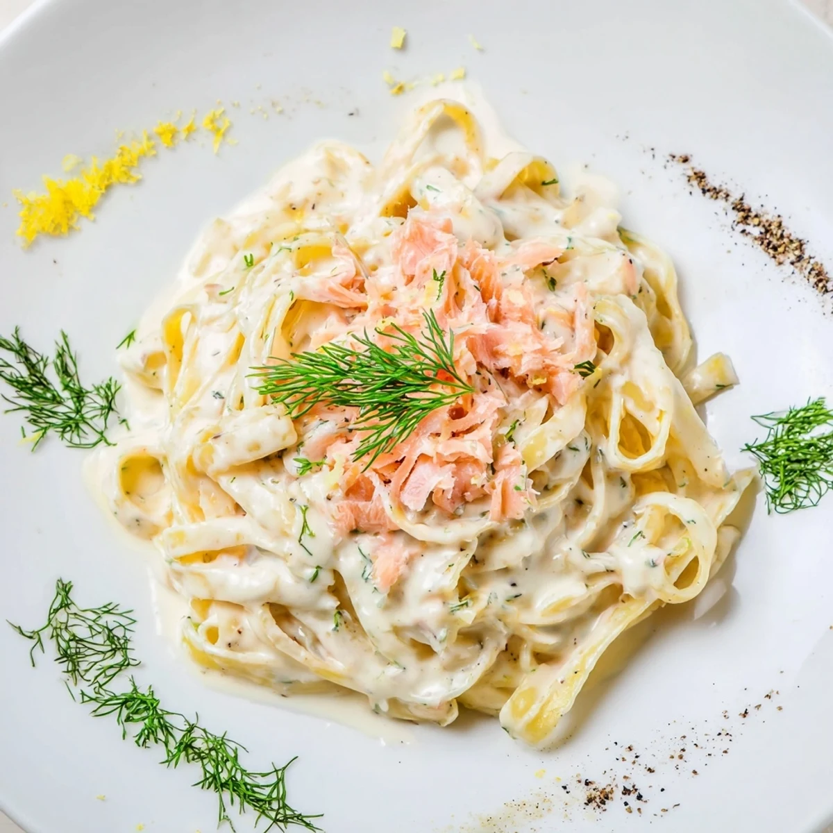 Hot smoked salmon pasta recipe featuring fettuccine coated in a luscious cream and dill sauce.  