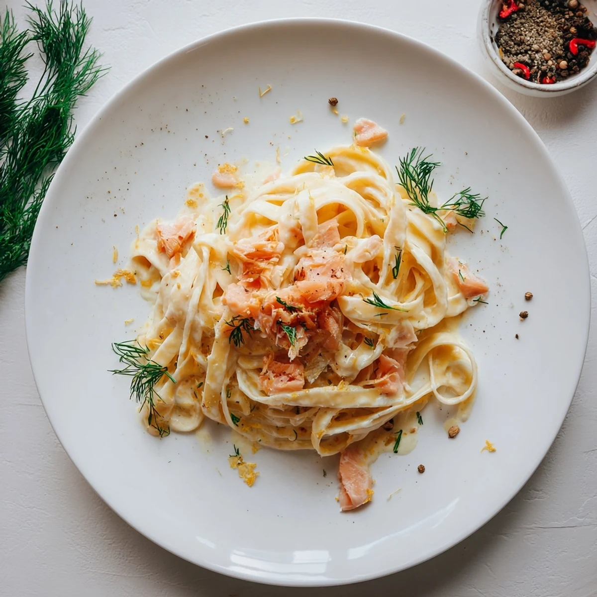 A steaming bowl of creamy hot smoked salmon pasta recipe garnished with fresh herbs.