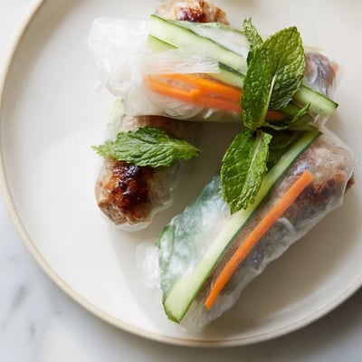 Freshly rolled Nem Nuong spring rolls featuring vermicelli noodles, cool cucumber, and bright cilantro on a white ceramic plate.